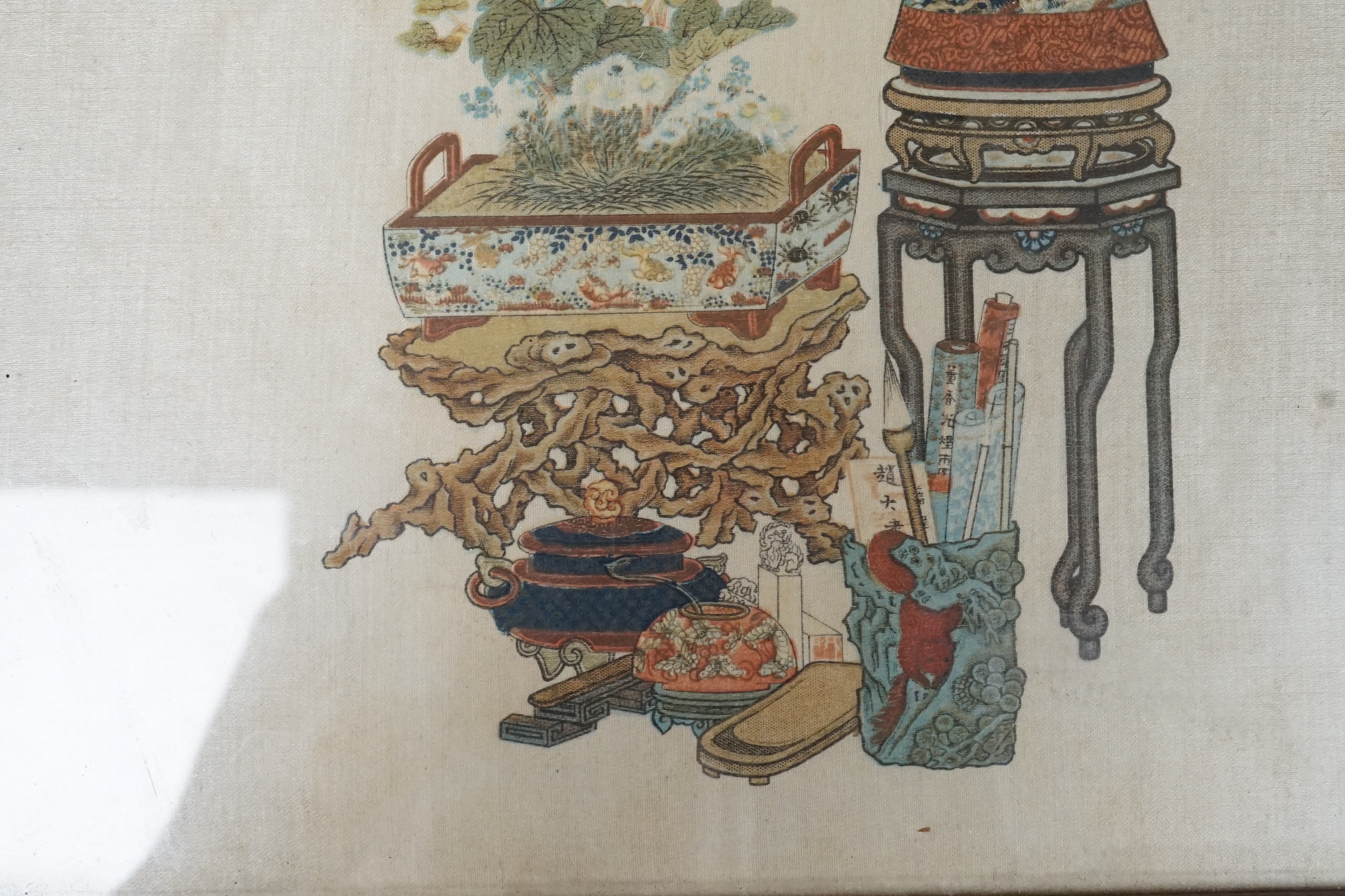 A Chinese print on silk of a plant stand and jardiniere. 28 x 24cm